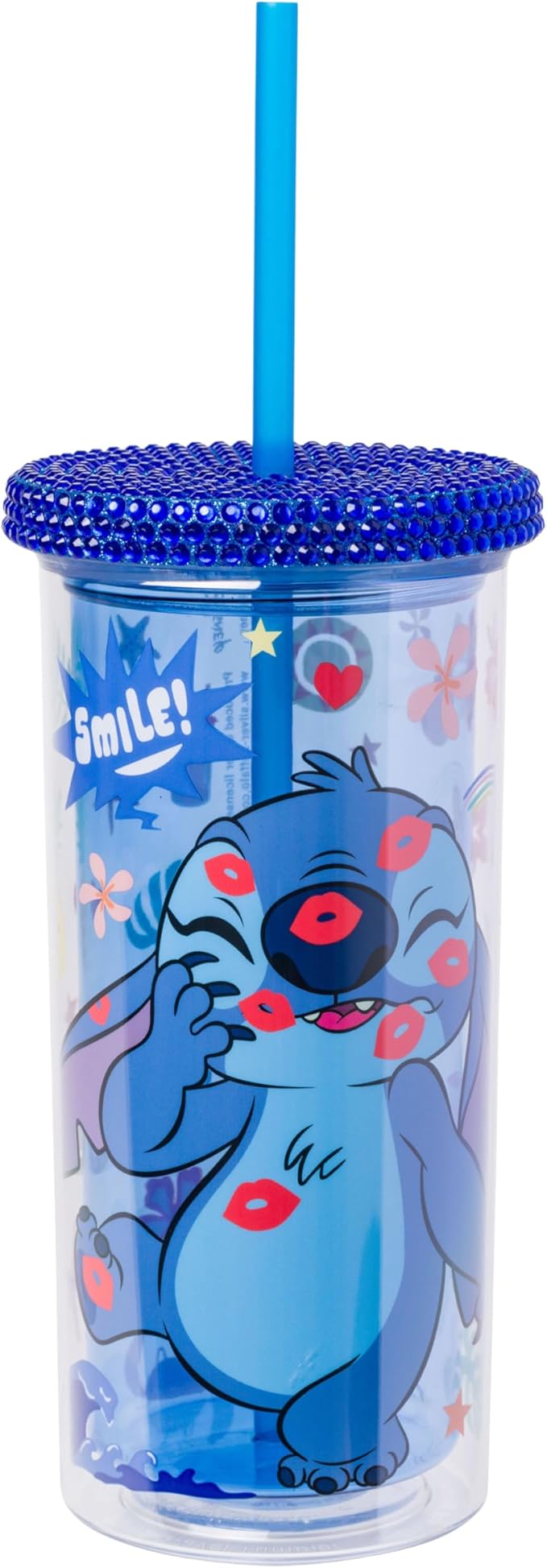 Silver Buffalo Lilo and Stitch Smiles Kisses and Icons Rhinestone Lid 20oz Plastic Tall Cold Cup w/Lid and Straw