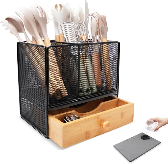 Kitchen Utensil Holder, 2-In-1 Large Utensil Holder Counter & Drawer Silverware Organizer Kitchen Countertop, 6 Compartment Caddy for Cooking and Flatware, With Quick Dry Diatomite Pad