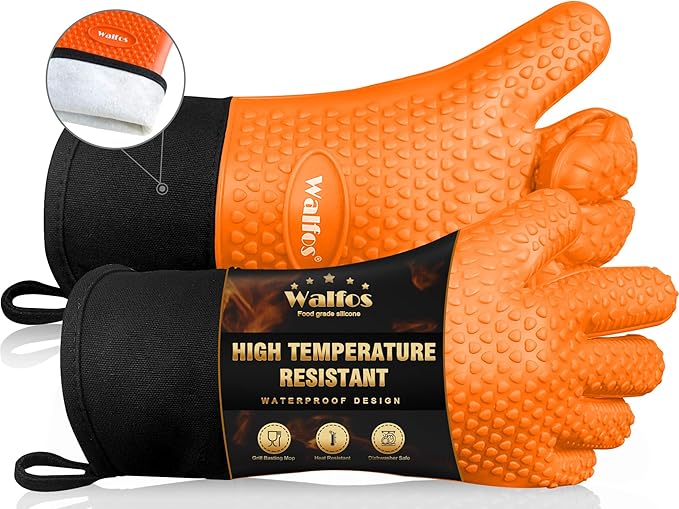 Walfos Silicone BBQ Gloves - Heat Resistant Grilling Gloves, Premium Non-Slip Kitchen Oven Mitt with Protective Cotton Layer Inside, Waterproof, Great for Grilling, Kitchen and Cooking, Orange