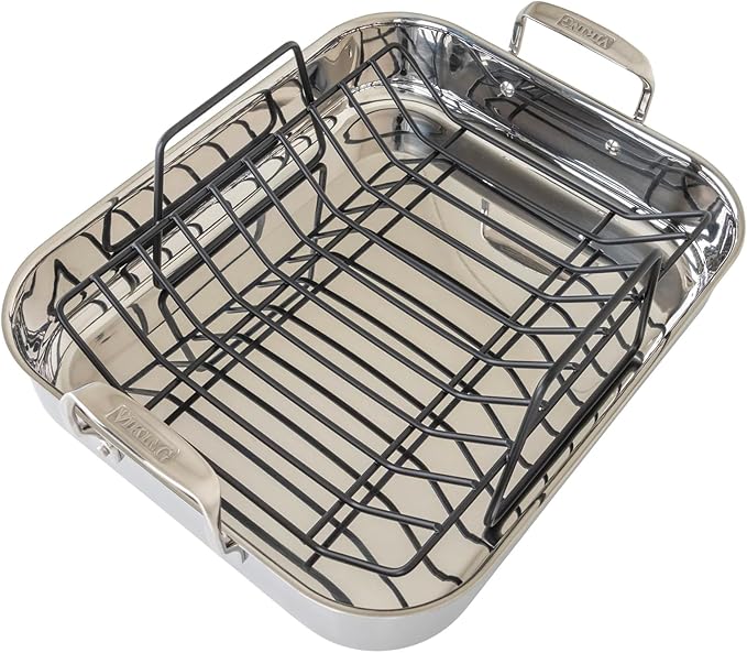 Viking 3-Ply Stainless Steel Roasting Pan with Non Stick Rack, 16 x 13 Inch Kitchen Cookware, Great for Turkey, Includes Probe Thermometer, Dishwasher and Oven Safe, Induction Ready, Silver