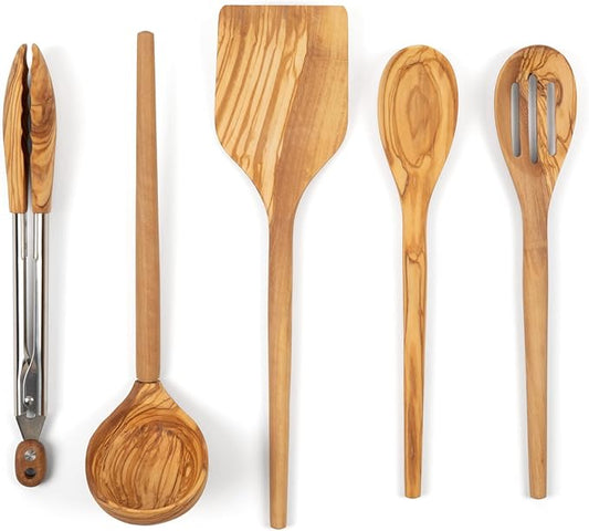 Salt & York 5-piece Olive Wooden Kitchen Utensil Set - Includes Turner, Tongs, Slotted Spoon, Ladle, and 12" Spoon - Best Wooden Spoons for Cooking - Ideal for Nonstick Cookware