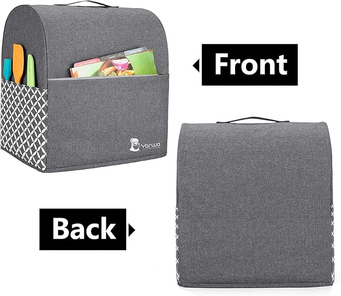 Yarwo Stand Mixer Cover Compatible with 6-8 Quart KitchenAid Mixer, Protective Dust Cover with Top Handle and Pockets for Accessories, Gray with Grid