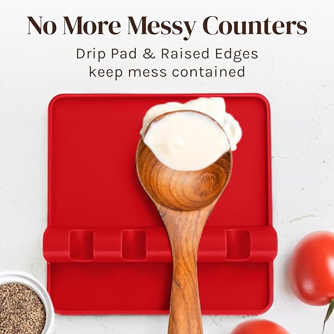 Red Silicone Spoon Rest for Stove Top with Drip Pad (Two Pack) - Heat-Resistant, BPA-Free Utensil Rest & Spoon Holder for Kitchen Counter - Grill Utensil Holder for Spatulas, Tongs, Ladles