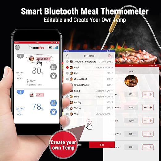 ThermoPro TP25 650FT Bluetooth Meat Thermometer with 4-Probes, Smart Rechargeable Wireless Meat Thermometer for Grilling, Smoker, Oven, Kitchen, BBQ Thermometer with Alarm, Temperature Graph, Black