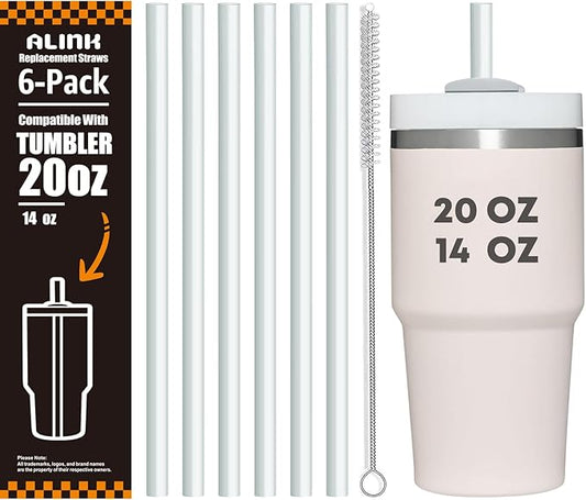 ALINK Clear Replacement Straws for Stanley 20oz 14oz Tumble, 6 Pack Reusable Straws for Stanley Quencher 20oz 14oz Cups with Cleaning Brush, Dishwasher Safe and BPA Free