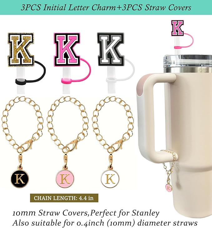 （3 +3) 3PCS Nuozme Straw Cover 10mm For Stanley Tumbler Cup Reusable Straw Cap Topper with 3 Initial Letter Charms Accessories Name ID Personalized Handle Charm For Stanley 30&40 Oz Cup Tumbler
