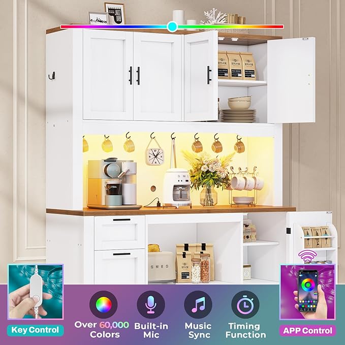 Itaar 71" Pantry Cabinet with Charging Station and LED Light, Kitchen Pantry Cabinet with Microwave Stand, 47.2" Wide Kitchen Storage Cabinets with Storage Cart 3 Tier for Dining Room, White