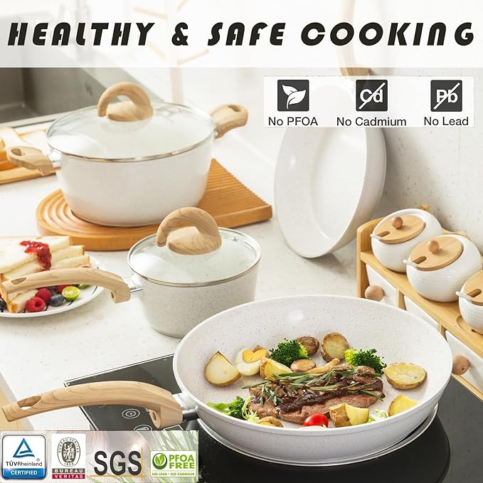 Pink Pots and Pans Set Non Stick, Ceramic Cookware Set with Granite Pattern Kitchen Cooking Sets Induction Pot and Pan w/Frying Pans, Saucepans, Casserole, Non-Toxic, PTFE/PFOA/PFOS-Free