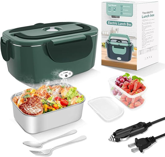 Electric Heated Lunch Boxes Adults: 80W Electric Lunch Box Food Heated 12/24/110V 1.5L Heatable Lunch Box for Car/Truck/Office Leak-Proof Stainless Steel Container,Fork & Spoon,Bag (Dark Green)