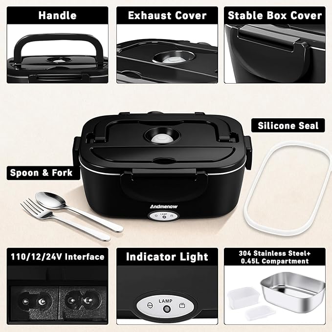 80W Faster Electric Lunch Box Update, Home Office Truck Car Food Warmer, Portable Food Heater with 304 Stainless Steel Container, Spoon & Fork and Carry Bag