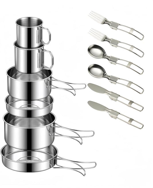 Camping Cookware Mess Kit Set 304 Stainless Steel 12-Piece Lightweight Backpacking Cooking Set Outdoor Cook Gear for Family Hiking, Picnic(Pot, Frying Pan, Bowl, Plate, Spoon, Fork)