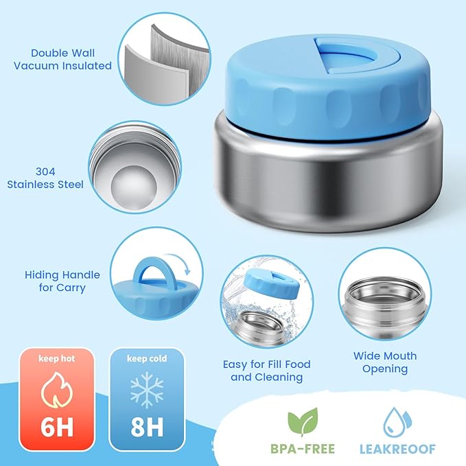 Kids Bento Lunch Box with Thermos, Leakproof Toddler Bento Box with 9 OZ Insulated Food Jar, Lunch Bag & Utensils 3 or 4 Compartment Container for School Girls Boys