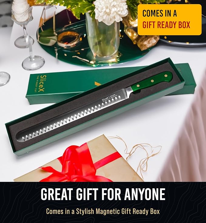 Classic Brisket Slicing Carving Knife – Gift for Dad From Wife, Son, Daughter - 12” Full Tang Meat Cutting and BBQ Knife – Razor Sharp German Steel with Ergonomic Handle - Green