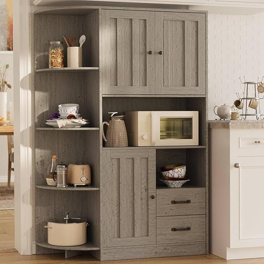 Gizoon 60.4" Pantry Cabinet with Coffee Bar, Tall Kitchen Pantry Storage Cabinet with Microwave Stand and 2 Drawers, Farmhouse Hutch with 4 Open Tiers for Dining Room and Kitchen Organization, Grey