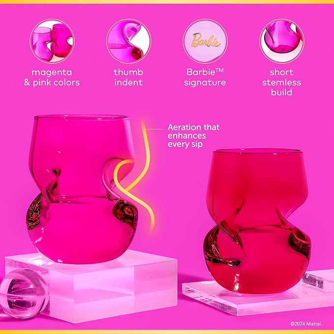 Dragon Glassware x Barbie Wine Glasses - 16 oz Magenta & Pink Wine Glasses Set of 2 - Stemless with Finger Indentations - Aerates Naturally - Barbie Gifts for Women