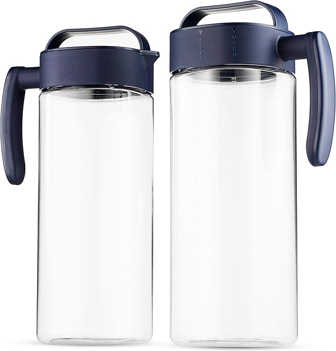 Komax Set of 2 Plastic Water Pitcher with Lid – BPA-Free & Iced Tea Microwave Dishwasher Safe Tea, Sangria, or Juice Containers Lids for Fridge (2.1 Qt), Clear & Blue