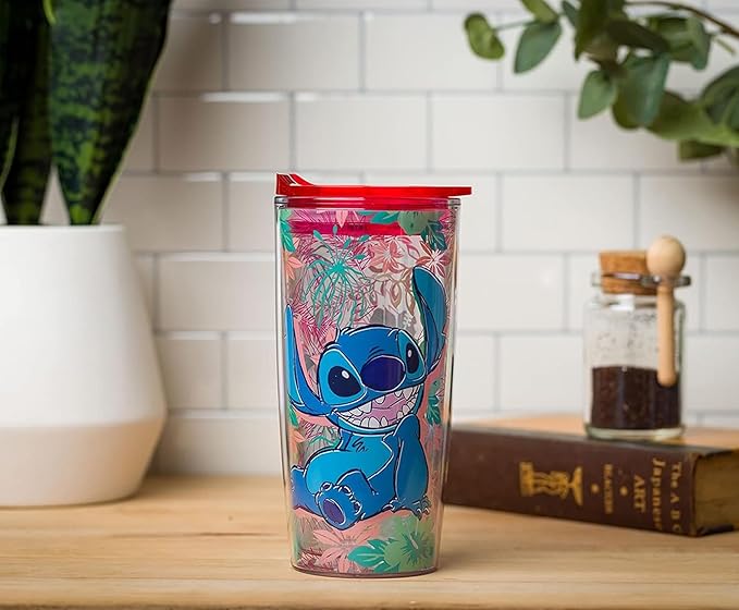 Silver Buffalo Disney Lilo and Stitch Floral Tropical Abstract Red Double Wall Travel Tumbler with Slide Close Lid, 20 Ounces