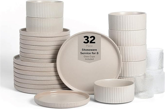Stone Lain Haven Stoneware 32-Piece Dinnerware Set, Plates and Bowls Sets for 8, Dish Set, Includes Dinner and Salad Plates, Cereal Bowls, Glassware, Microwave & Dishwasher Safe, Beige