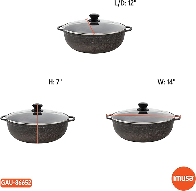 IMUSA 7qt Fuzion Cast Aluminum Bronze Speckled Nonstick Caldero with Glass Lid, Black - 30cm