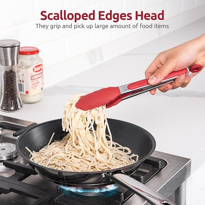 600ºF Heat Resistant Kitchen Tongs: U-Taste 9 inch Silicone Cooking Tong with Firm Sealed Non Stick Rubber Tips & Silicon Coated 18/8 Stainless Steel Handle & Smooth Locking for Serving Salad (Red)