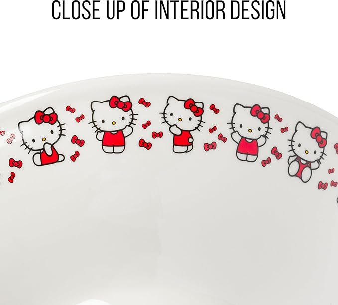 Silver Buffalo Hello Kitty Red Stripes and Bows Ceramic Ramen Noodle Rice Bowl with Chopsticks, Microwave Safe, 30 Ounces