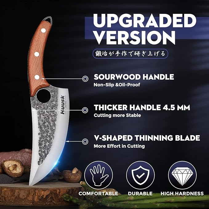 Huusk Knife Japan Kitchen, Upgraded Viking Knives with Sheath Hand Forged Butcher Knife for Meat Cutting Japanese Cooking Meat Cleaver Huusk Chef Knives for Outdoor Camping, BBQ