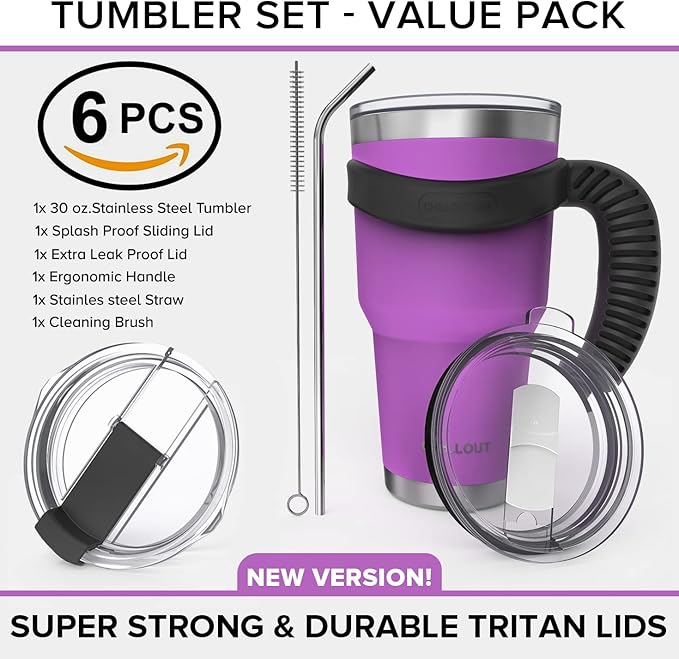 Stainless Steel Travel Mug with Handle 30 oz – 6 Piece Set. Tumbler with Handle, Straw, Cleaning Brush & 2 Lids. Double Wall Insulated Large Coffee Mug Bundle - Purple Powder Coated Tumbler