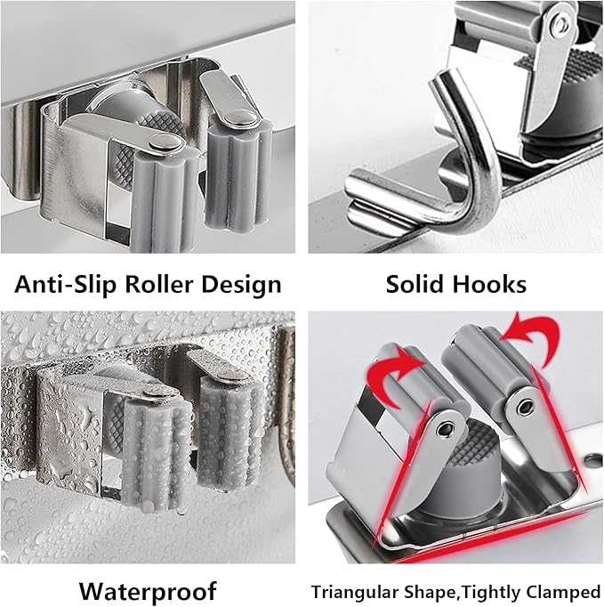 Piyl Broom Mop Holder Wall Mount Broom Hanger Wall Mounted Metal Organization Garage Storage Garden Kitchen Tool Organizer With 4 Racks and 5 Hooks (Silver, 1 Pack 4R5H)