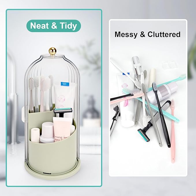 Toothbrush Holders with Sliding Lid, Rotating 3 Slots Bathroom Organizer Countertop, Tooth Brush Toothpaste Holder Bathroom Counter Stand Sink Organizer Caddy for Makeup Brushes Holder (Green)
