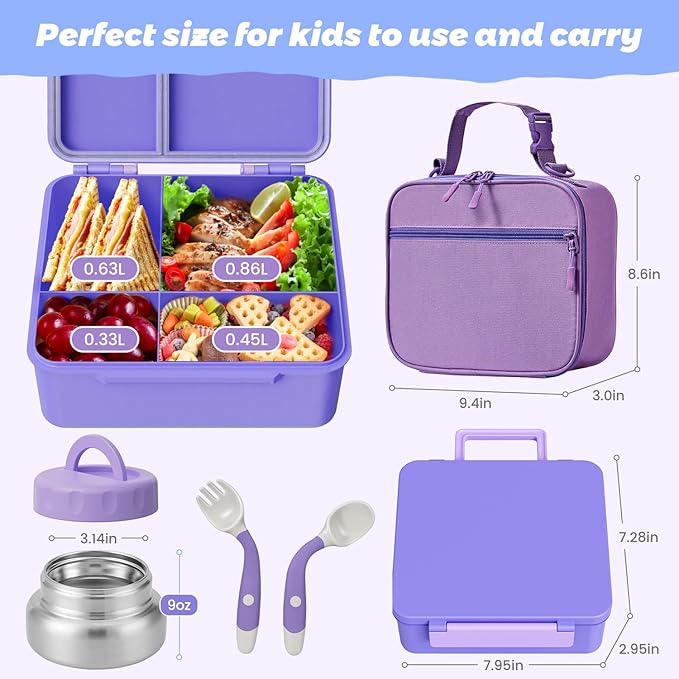 Kids Bento Lunch Box with Thermos, Leakproof Toddler Bento Box with 9 OZ Insulated Food Jar, Lunch Bag & Utensils 3 or 4 Compartment Container for School Girls Boys