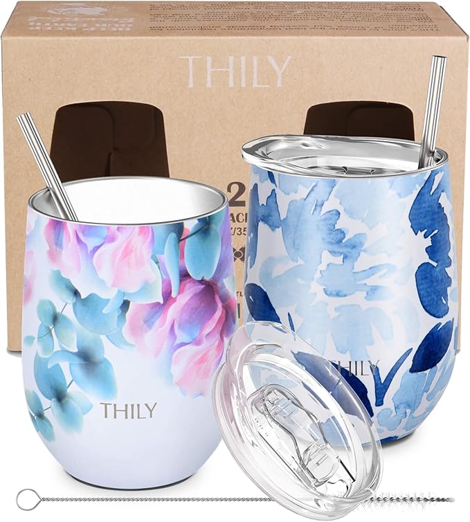 THILY Vacuum Insulated Stemless Wine Tumbler 12 oz Stainless Steel Wine Glass with Lid and Straw, Keep Drinks Cold or Hot, Christmas Birthday Gift, 2 Pack(Pink Lilies + Blue Maple)