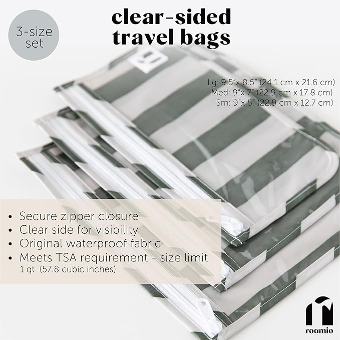 Roamio Travel Bag, Toiletry, TSA Approved Pouch, Zip Quart Size Airline Compliant, Clear-Sided, Baby, Diaper Bag Organization, Makeup, Accessories, Carry On Packing, Set of 3 Sizes, Green Stripe