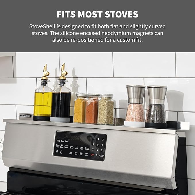 StoveShelf 30" Length Stainless Steel Finish Magnetic Shelf for Kitchen Stove - Kitchen Storage Solution with Zero Installation - Over Stove Spice Rack Organizer