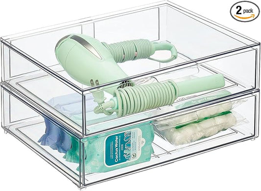 mDesign Wide Plastic Stackable Bathroom Storage Organizer Bin with Pull Out Drawer for Cabinet, Vanity, Shelf, Cupboard, Cabinet, Countertop, Closet Organization - Lumiere Collection - 2 Pack - Clear