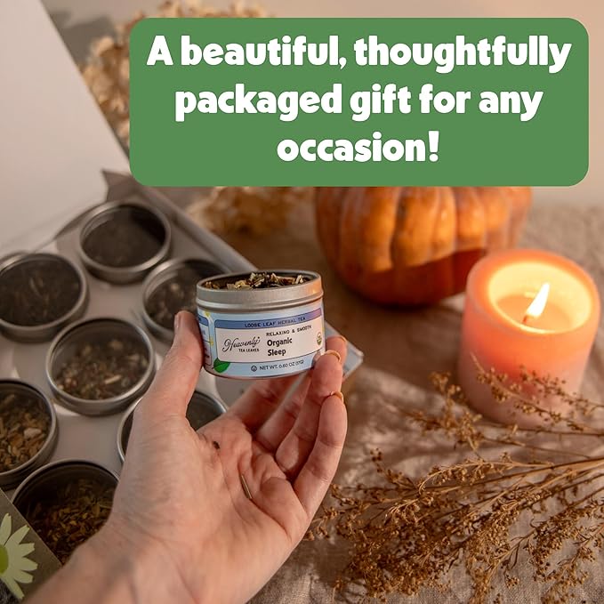 Heavenly Tea Leaves Organic 9 Loose Leaf Tea Sampler Gift Set (Approx. 90 Cups) | Assortment of Black Tea, Green Tea, Herbal Tea | High to No Caffeine | Great Hot or Iced | Premium Assorted Gift Box