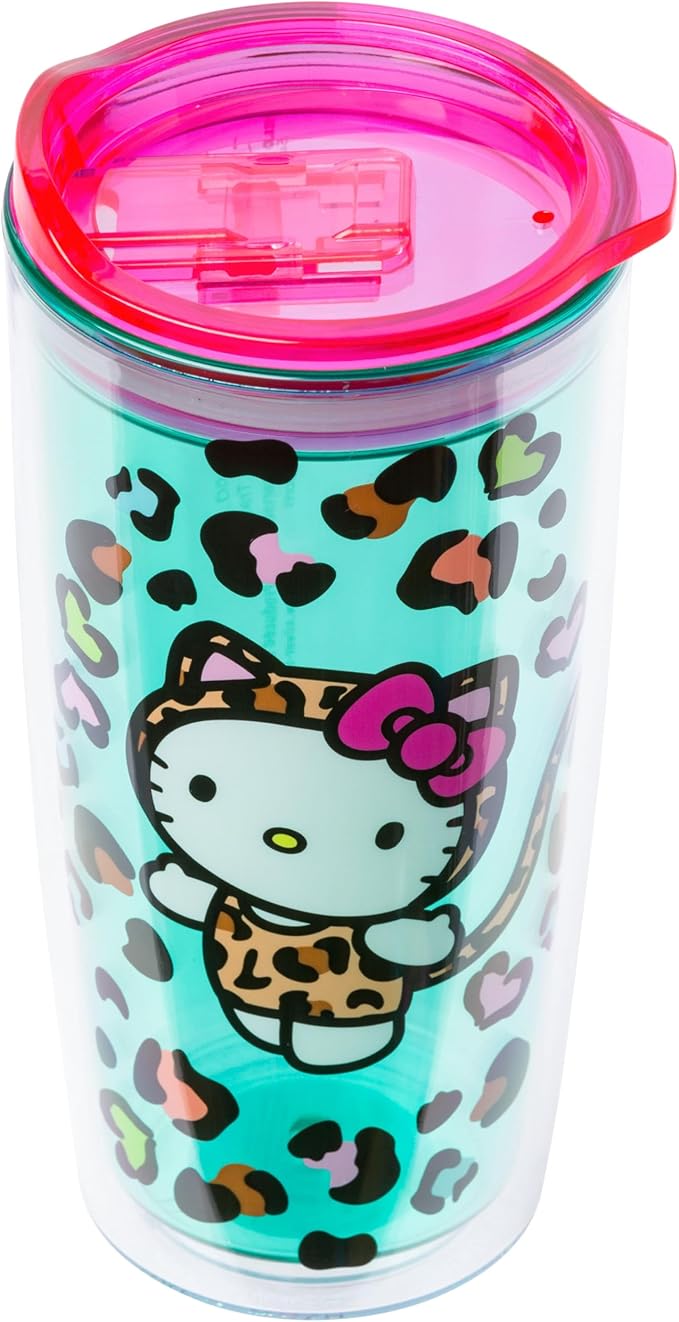 Silver Buffalo Sanrio Hello Kitty Leopard Print Double Wall Travel Tumbler with Slide Close Lid, 20 Ounces