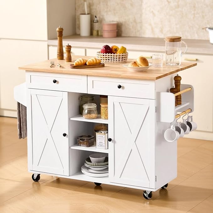 VEVOR Kitchen Island Cart, with Solid Wood Top and Storage Cabinet, Mobile Rolling Table with Drop Leaf, Drawers, Spice Towel Rack, Portable Islands on Swivel Wheels for Dining Room, 52in Width, White