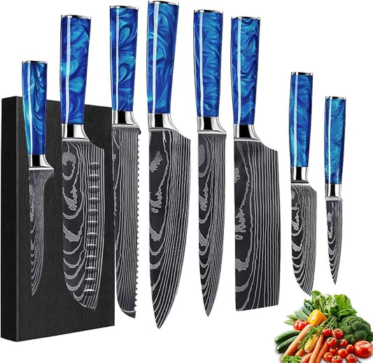 8-Piece Premium Japanese Kitchen Knife Set - Imperial Collection, Laser Damascus Pattern, 440A Stainless Steel Ultra Sharp for Fast Cutting (Blue 8J)