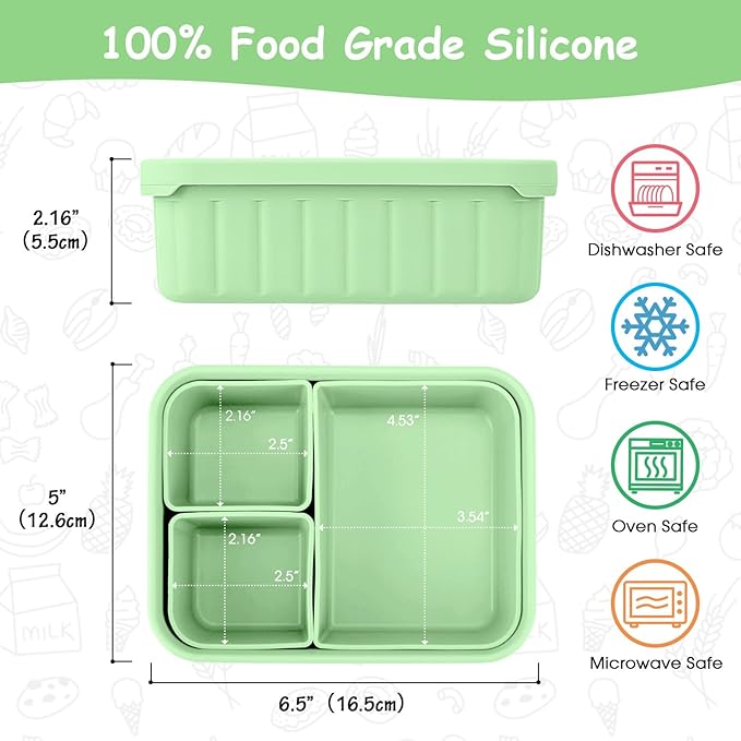 Bento Lunch Box for Kids-Reusable Silicone Kids Bento Box Lunch Container Leakproof Lunchbox Meal Prep Food Storage Containers with 3 Removable Compartments–Dishwasher Safe/BPA Free/Portion Control