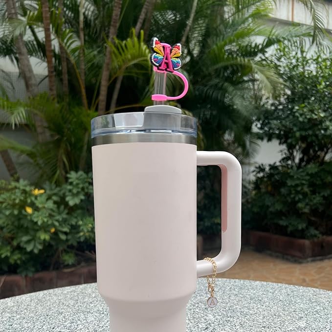 Butterfly Straw Cover for Stanley Cup 30&40 Oz 10mm Straw Topper with 2PCS Letter Charms (Letter I)