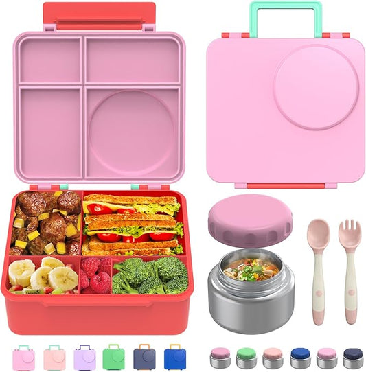 Bento Box for Kids - Leak-Proof Bento Lunch Box with Insulated Thermos Food Jar - 4 Compartments, 1 Removable Divider, 1Spoon, 1 Fork - Dishwasher Safe, BPA-Free (Pink)