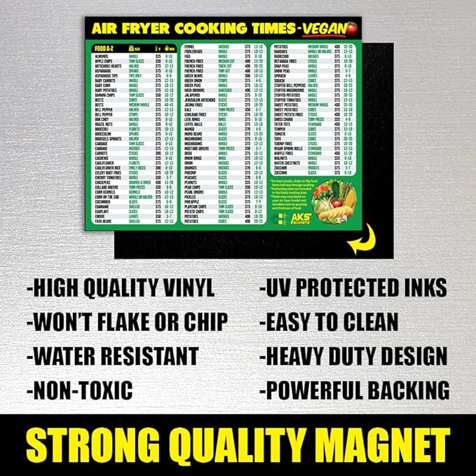 Air Fryer Cheat Sheet Magnet, Vegan Edition - Air Fryer Cooking Times Chart for 100 Vegan Food Items - Magnetic Airfry Guide for Vegetarian Cookbooks and Recipes - Plant Based Diet Airfryer Accessory