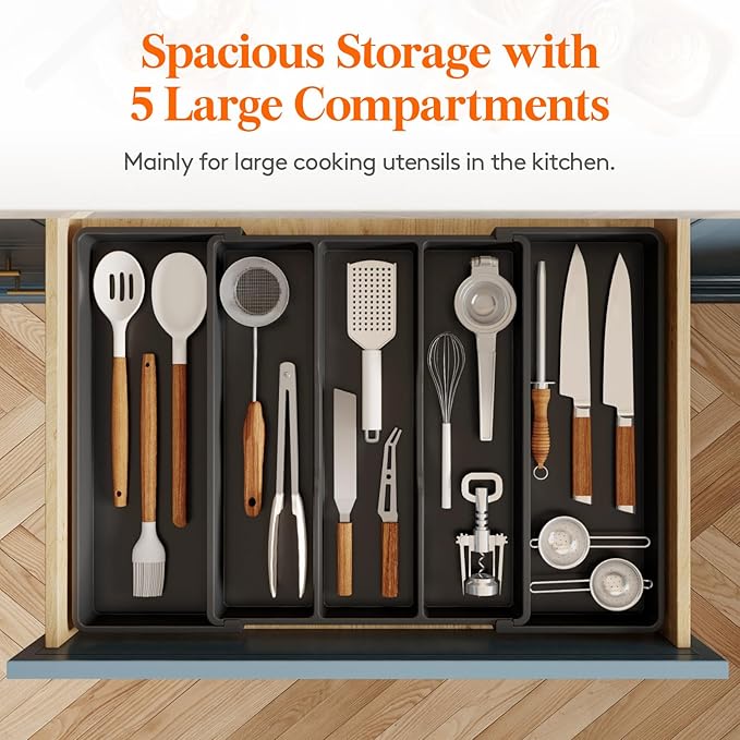 Lifewit Cooking Utensil Kitchen Drawer Organizer, Expandable from 16 to 28 inches, Plastic Cutlery Silverware Tray, Adjustable Spatula Holder, Flatware Tools Gadgets Storage Divider, XL,Black