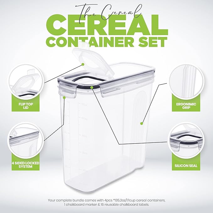 Utopia Kitchen Cereal Containers Storage Set – 3 Pack 4L(135.2 oz) Airtight Food Storage Containers with Lids, BPA-Free Cereal Dispensers for Pantry Organization and Storage (Clear)