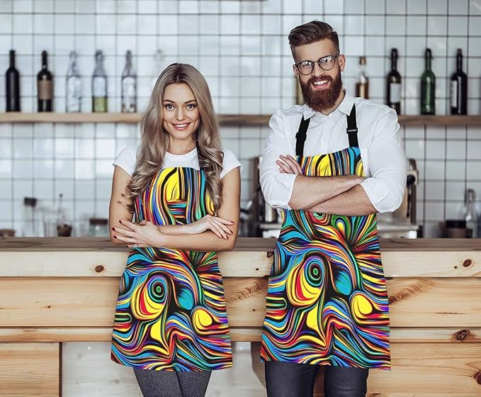 EKOBLA Abstract Pattern Aprons Colorful Wavy Lines Modern Art Bright Curl Wave Waterproof Resistant Chef Cooking Kitchen BBQ Adjustable Aprons for Women Men 27x31 Inch