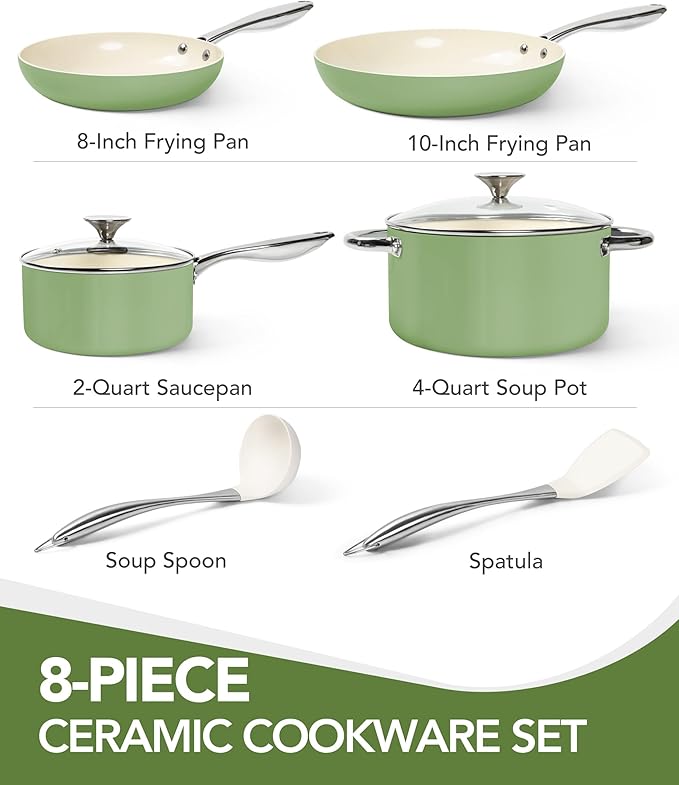 MICHELANGELO Pots and Pans Set - Nonstick Ceramic Cookware Set, 8-Piece Healthy Cooking Set, Non-Toxic, Oven Safe & Compatible with All Stovetops - Green
