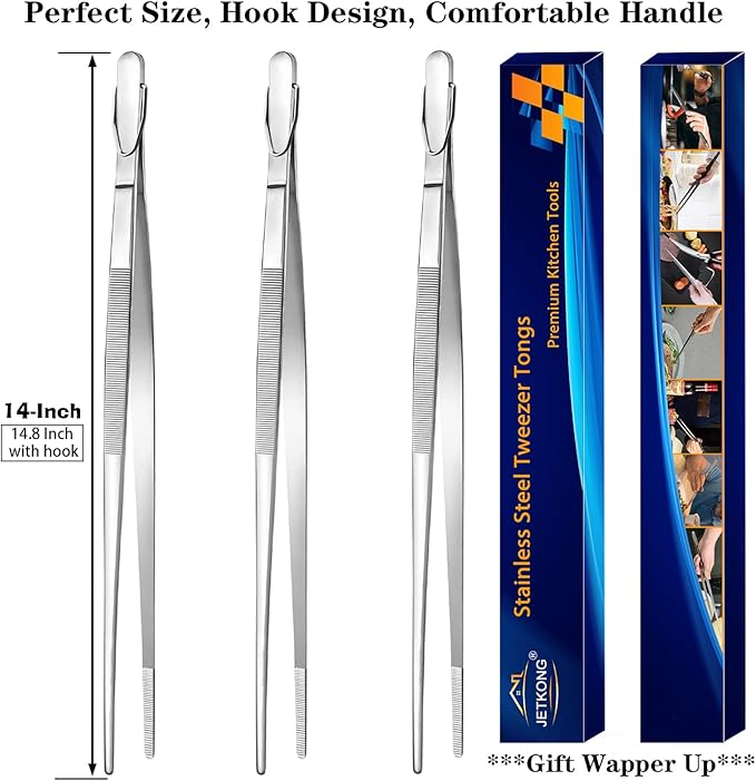 JETKONG 14-Inch Stainless Steel Cooking Tweezers Heavy Duty Kitchen Food Tweezers, Set of 3 (14 14 14 Inch, Silver)