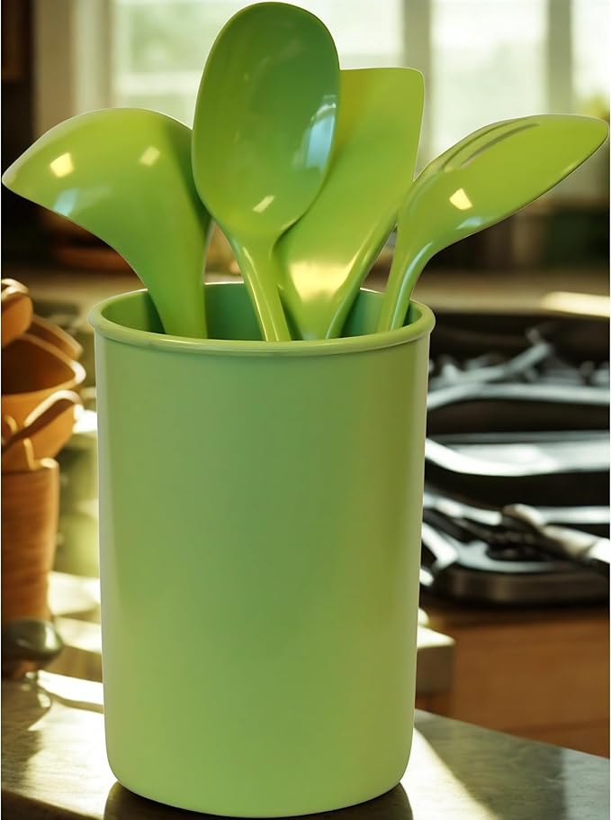 Reston Lloyd 6 Piece Kitchen Utensil Holder for kitchen counter, Utensils crock with Heat Resistant Spoon, Slotted Spoon, Ladle, Spatula BPA Free, Lime