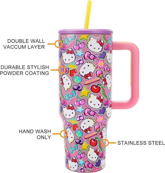 Bioworld Hello Kitty All-Over Print 40 Oz Stainless Steel Tumbler With Chunky Handle