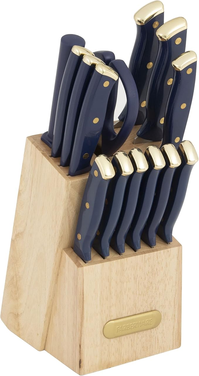 Farberware Triple Riveted Knife Block Set, 15-Piece, Navy and Gold, High-Carbon Stainless Steel Blades, Ergonomic Handles, Includes Wood Storage Block